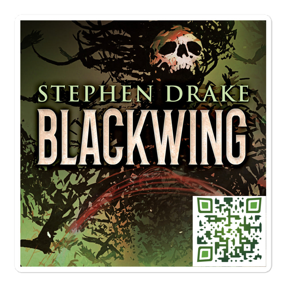 sticker with cover art from Stephen Drake’s book Blackwing